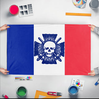 A mockup of the custom flag 'Croix-de-Feu flag' held up on a table during print checking
