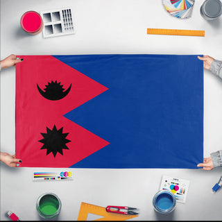 A mockup of the custom flag 'Nepal Protest Flag' held up on a table during print checking