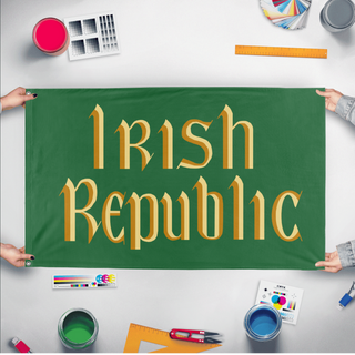 A mockup of the custom flag 'Irish Republic flag' held up on a table during print checking