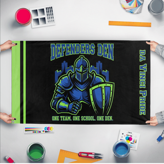 A mockup of the custom flag 'DD flag' held up on a table during print checking