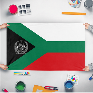 A mockup of the custom flag 'Afczechistan flag' held up on a table during print checking