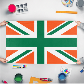 A mockup of the custom flag 'Irish Kingdom flag' held up on a table during print checking