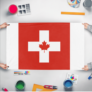 A mockup of the custom flag 'Mapleswiss flag' held up on a table during print checking