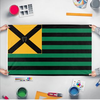 A mockup of the custom flag 'S. A. J. flag' held up on a table during print checking