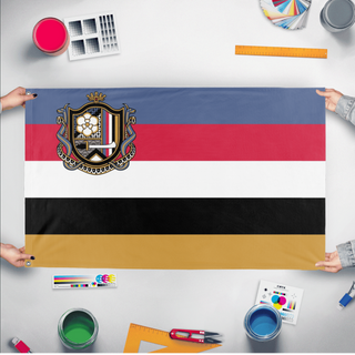 A mockup of the custom flag 'San Magnolia flag' held up on a table during print checking