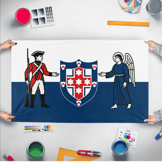 A mockup of the custom flag 'Australian Royalist flag' held up on a table during print checking
