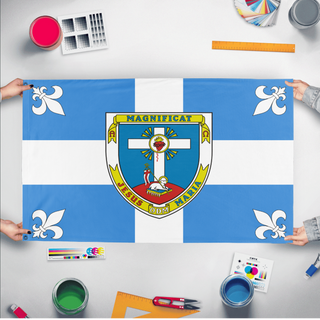 A mockup of the custom flag 'Apostles of Infinite Love flag' held up on a table during print checking