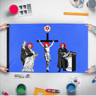 A mockup of the custom flag 'Apostolic Realm of Evangelical Catholicism flag' held up on a table during print checking
