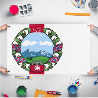 A mockup of the custom flag 'Southron Worker's Republic flag' held up on a table during print checking