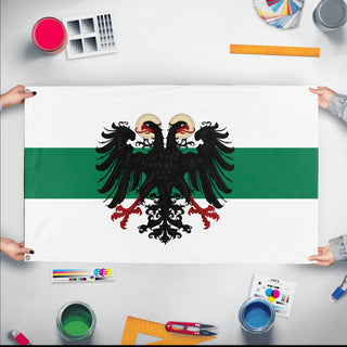 A mockup of the custom flag 'Republic of Eastern Bulgaria flag' held up on a table during print checking