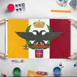 A mockup of the custom flag 'My Roman Empire flag' held up on a table during print checking