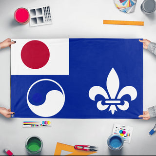 A mockup of the custom flag 'French Colony of Japan flag' held up on a table during print checking