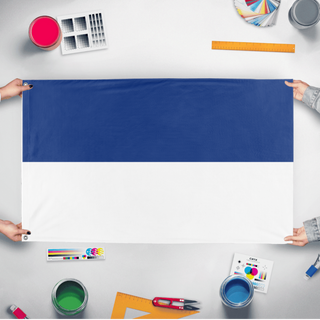 A mockup of the custom flag 'the future flag' held up on a table during print checking