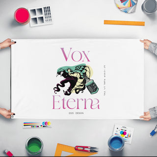 A mockup of the custom flag 'Vox flag' held up on a table during print checking