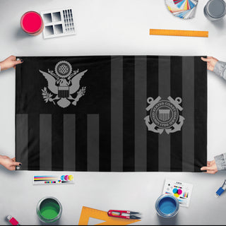 A mockup of the custom flag 'Black US Coast Guard flag' held up on a table during print checking