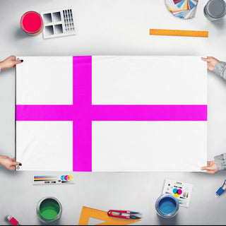 A mockup of the custom flag 'jandonia flag' held up on a table during print checking