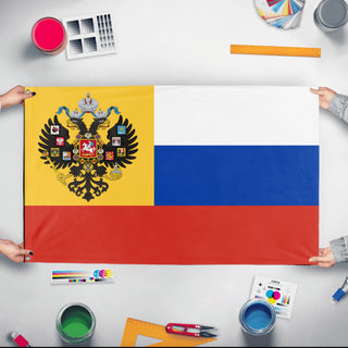 A mockup of the custom flag 'Russian Empire flag' held up on a table during print checking
