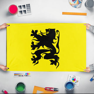A mockup of the custom flag 'Flanders Flag' held up on a table during print checking