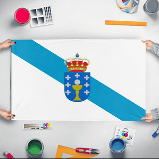 A mockup of the custom flag 'Kingdom of Galicia flag' held up on a table during print checking