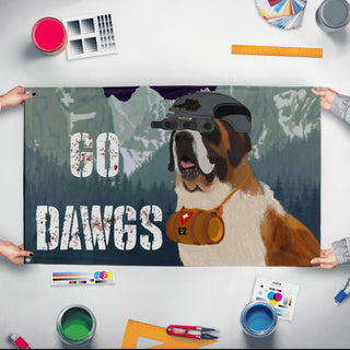 A mockup of the custom flag 'brewdawg double flag' held up on a table during print checking