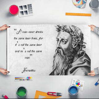 A mockup of the custom flag 'Heraclitus flag' held up on a table during print checking