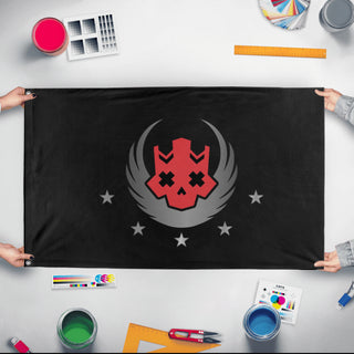 A mockup of the custom flag 'Chaosdiver flag' held up on a table during print checking