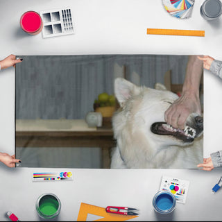 A mockup of the custom flag 'gangsta flag' held up on a table during print checking