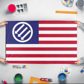 A mockup of the custom flag 'American Iron Front flag' held up on a table during print checking