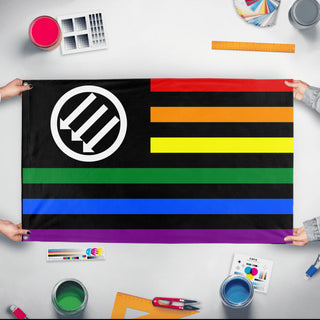 A mockup of the custom flag 'American Iron Front Pride flag' held up on a table during print checking