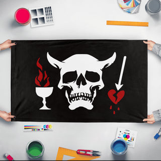 A mockup of the custom flag 'Blackbeard flag' held up on a table during print checking