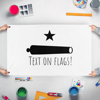 A mockup of the custom flag 't flag' held up on a table during print checking