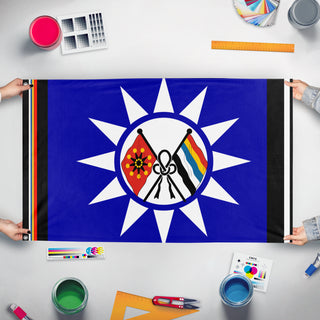 A mockup of the custom flag 'Second Republic of  China Navy flag' held up on a table during print checking