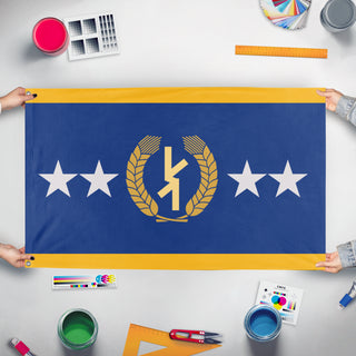 A mockup of the custom flag 'Federitive Gemini flag' held up on a table during print checking