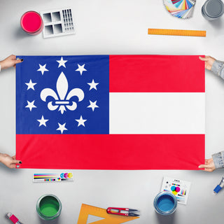 A mockup of the custom flag 'French American South  flag' held up on a table during print checking