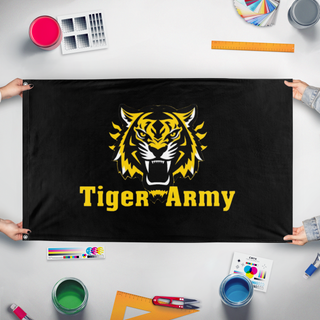 A mockup of the custom flag 'Tiger Army flag' held up on a table during print checking