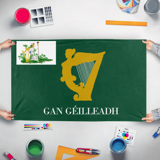 A mockup of the custom flag 'Harp of Eirinn flag' held up on a table during print checking