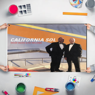 A mockup of the custom flag 'California Sol flag' held up on a table during print checking