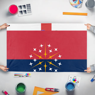 A mockup of the custom flag 'T flag' held up on a table during print checking