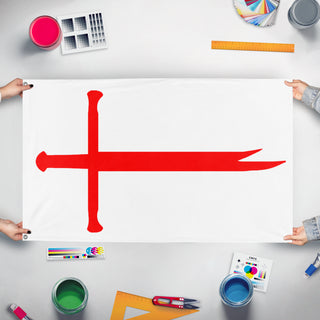 A mockup of the custom flag 'Flag of Shia England flag' held up on a table during print checking
