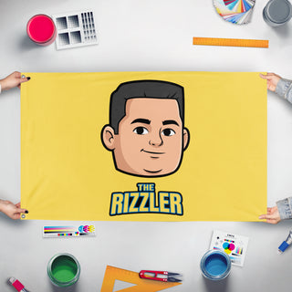 A mockup of the custom flag 'The Rizzler flag' held up on a table during print checking