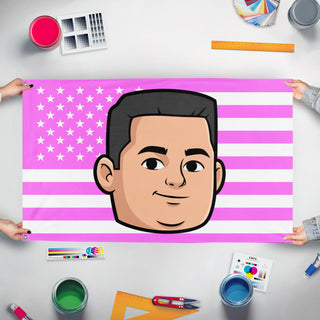 A mockup of the custom flag 'American Rizzler flag' held up on a table during print checking