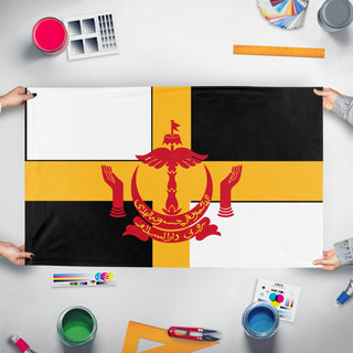 A mockup of the custom flag 'Internatinoal rebellion of brunei flag' held up on a table during print checking