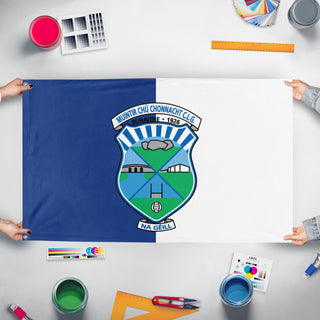 A mockup of the custom flag 'munchie flag' held up on a table during print checking