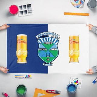 A mockup of the custom flag 'new flag' held up on a table during print checking