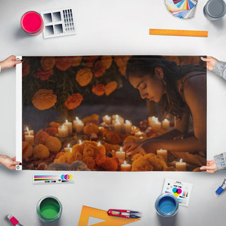 A mockup of the custom flag 'Muertos flag' held up on a table during print checking