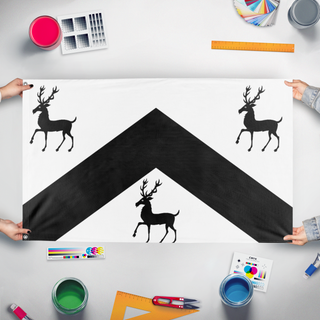 A mockup of the custom flag 'ROGERS.CREST flag' held up on a table during print checking