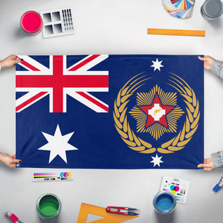 A mockup of the custom flag 'New Australia flag' held up on a table during print checking