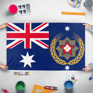 A mockup of the custom flag 'Australasia flag' held up on a table during print checking