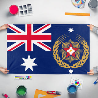 A mockup of the custom flag 'Australiasia flag' held up on a table during print checking