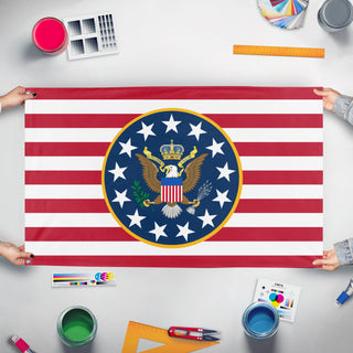 A mockup of the custom flag 'Kingdom of Americana flag' held up on a table during print checking